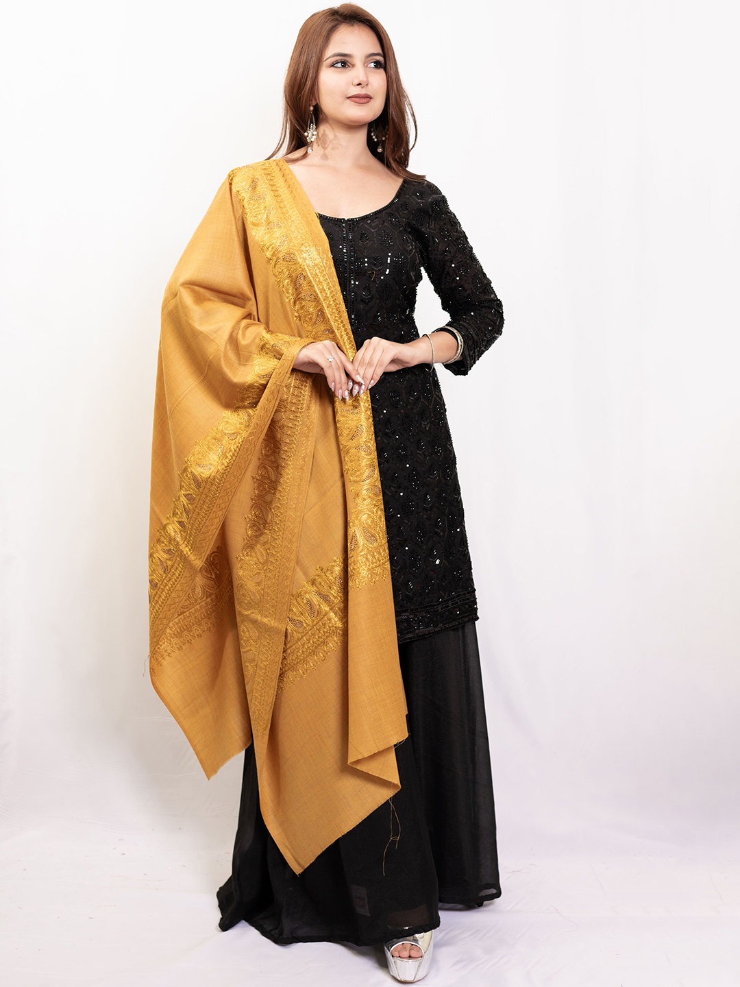 

PASHGIRI Ethnic Motifs Embroidered Woolen Shawl, Mustard