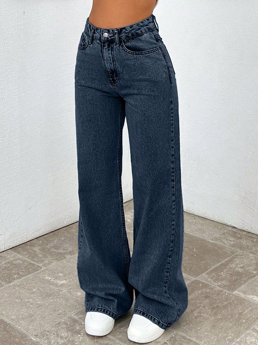 

Glossia Women Comfort Straight Fit High-Rise Light Fade Acid Wash Stretchable Jeans, Navy blue