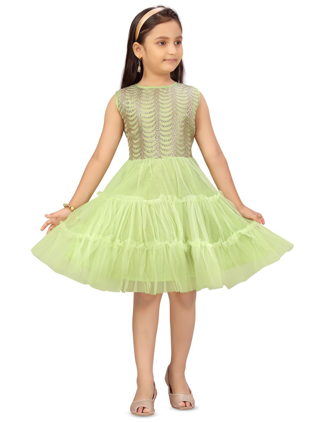 

YK Girls Embellished Net A-Line Maxi Dress, Sea green