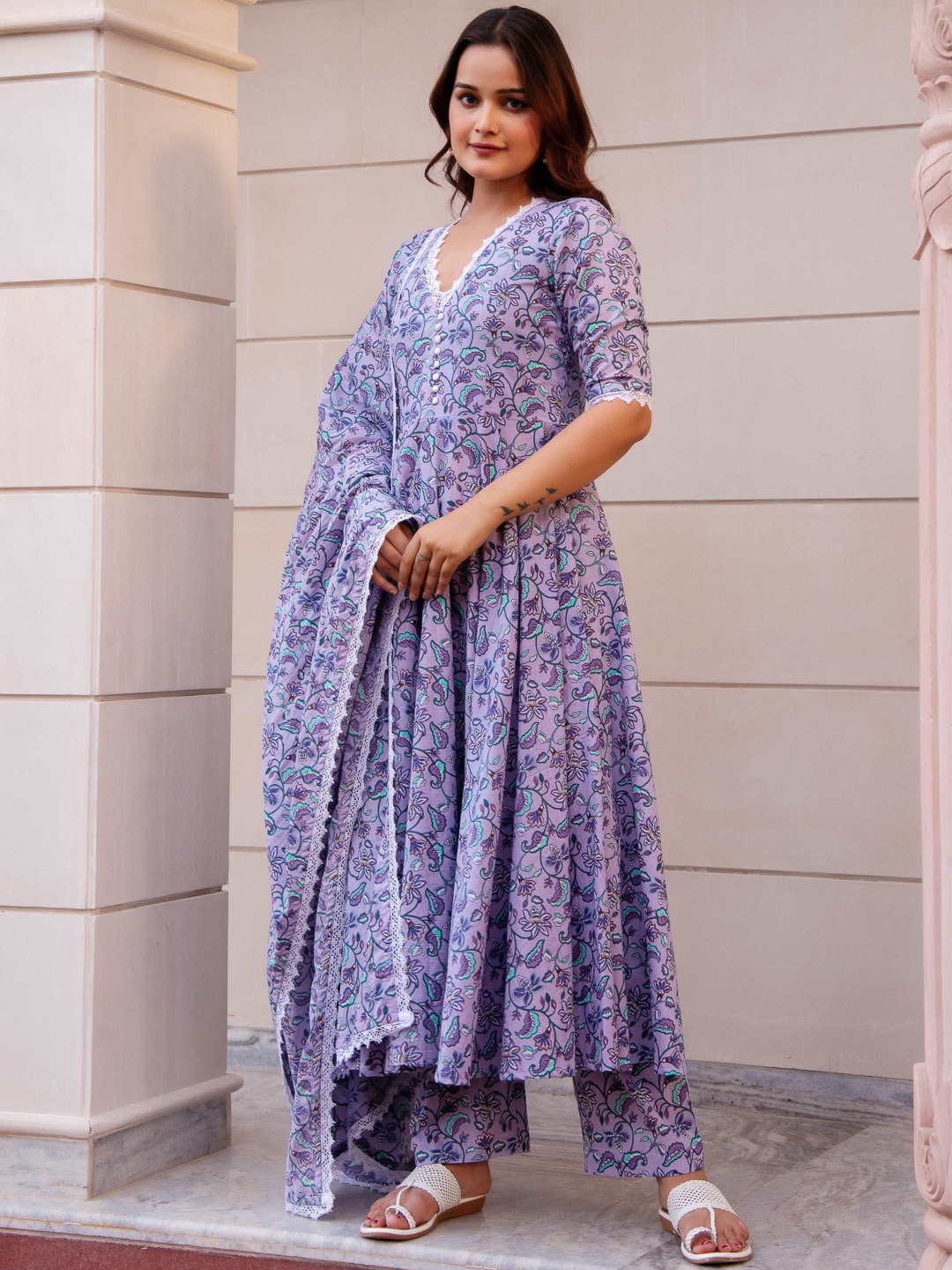 

Pomcha Floral Printed Pure Cotton Anarkali Kurta with Trousers & Dupatta, Lavender