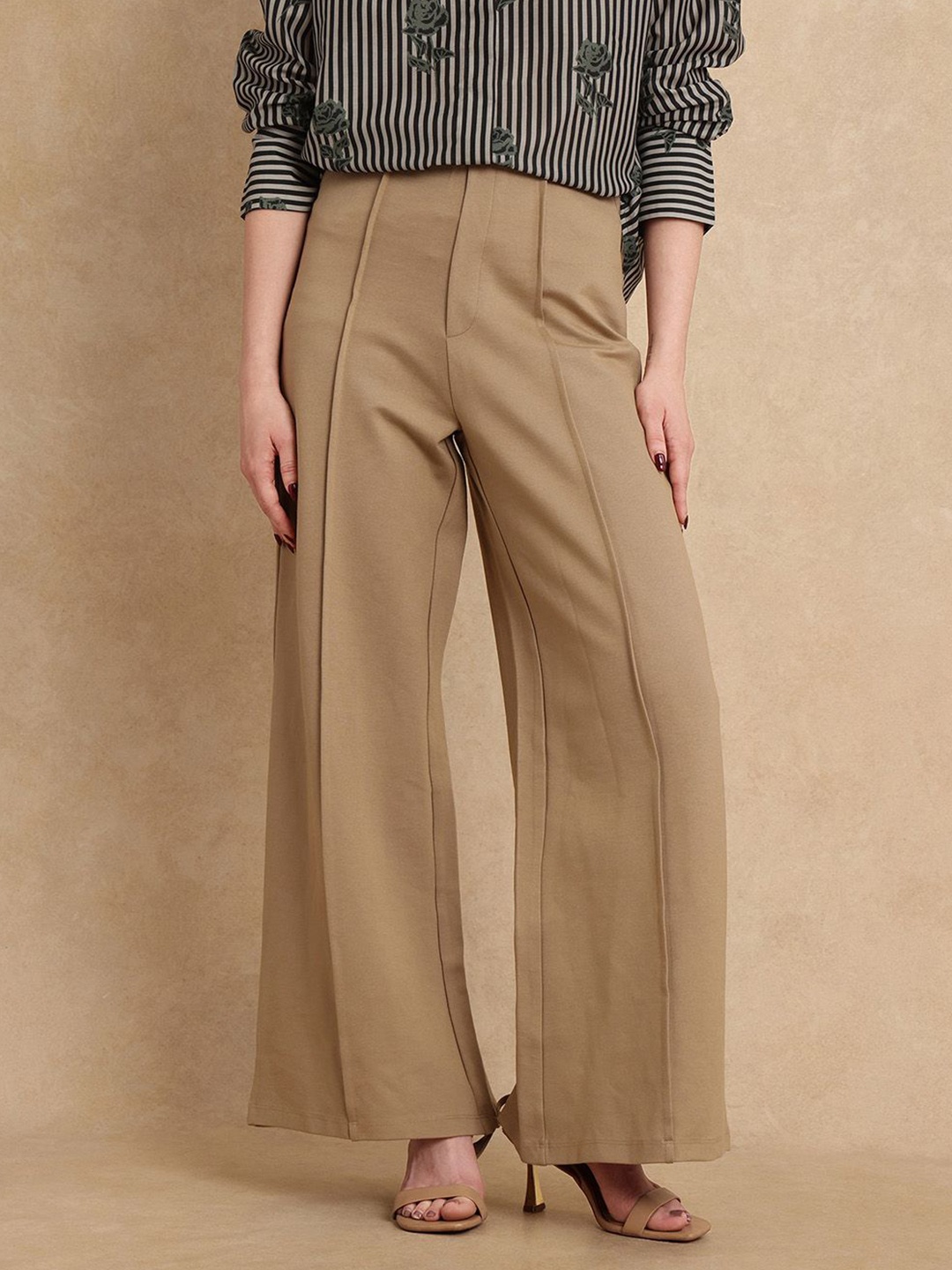 

RAREISM Women Tailored Slim Fit High-Rise Pleated Trousers, Beige