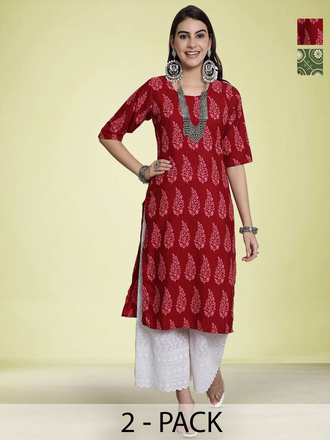 

Moda Rapido Selection of 2 Ethnic Motifs Printed Round Neck Straight Kurtas, Red