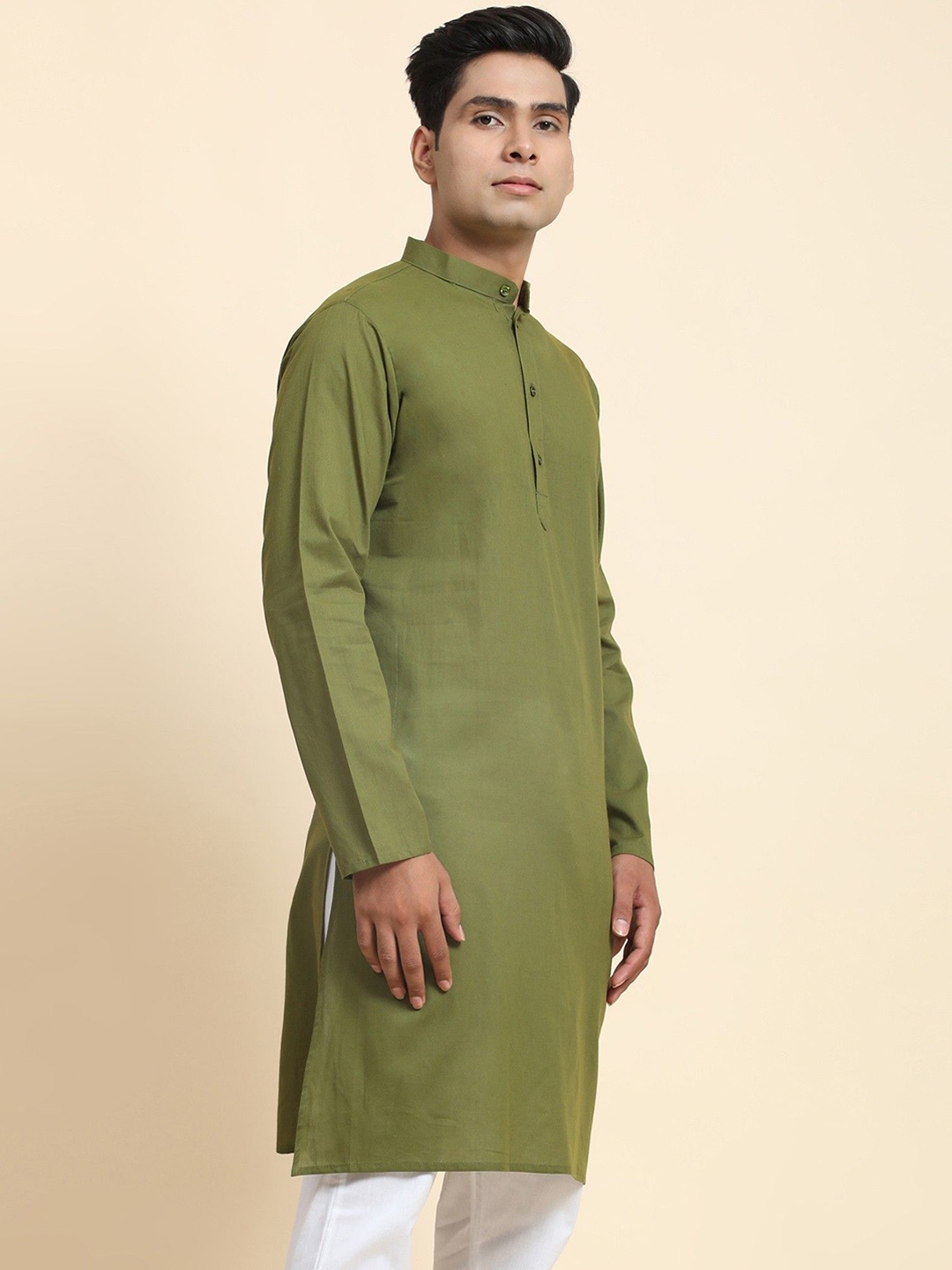 

Moda Rapido Band Collar Pure Cotton Straight Kurta, Olive