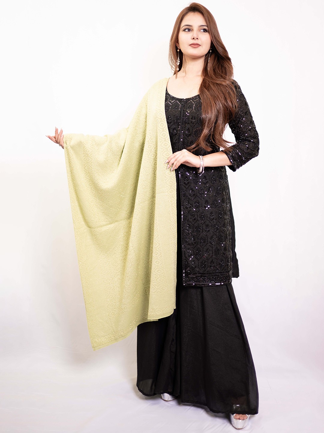 

PASHGIRI Ethnic Motifs Embroidered Woolen Shawl, Green