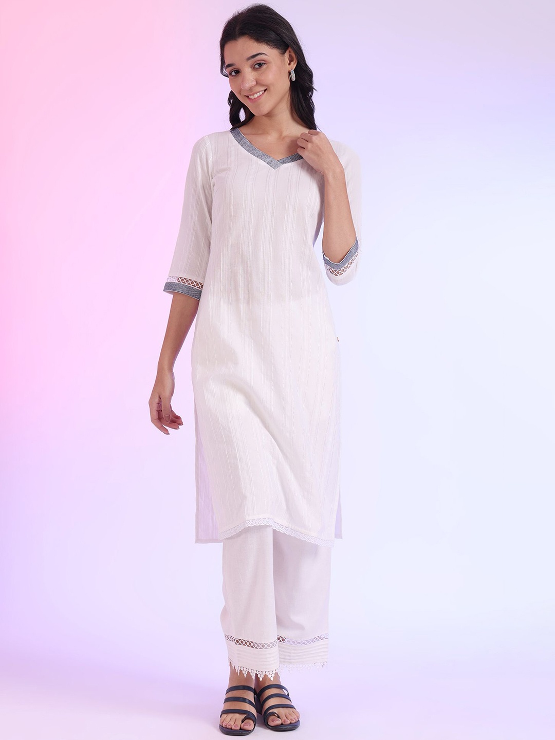 

AURELIA Striped Embroidered V-Neck Thread Work Straight Kurtas, White