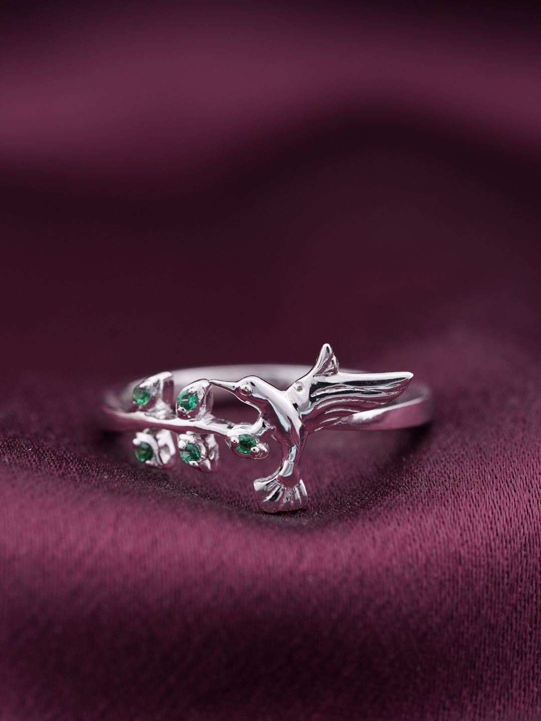 

Zalkari Sterling Silver Rhodium-Plated Stone-Studded Bird Finger Ring