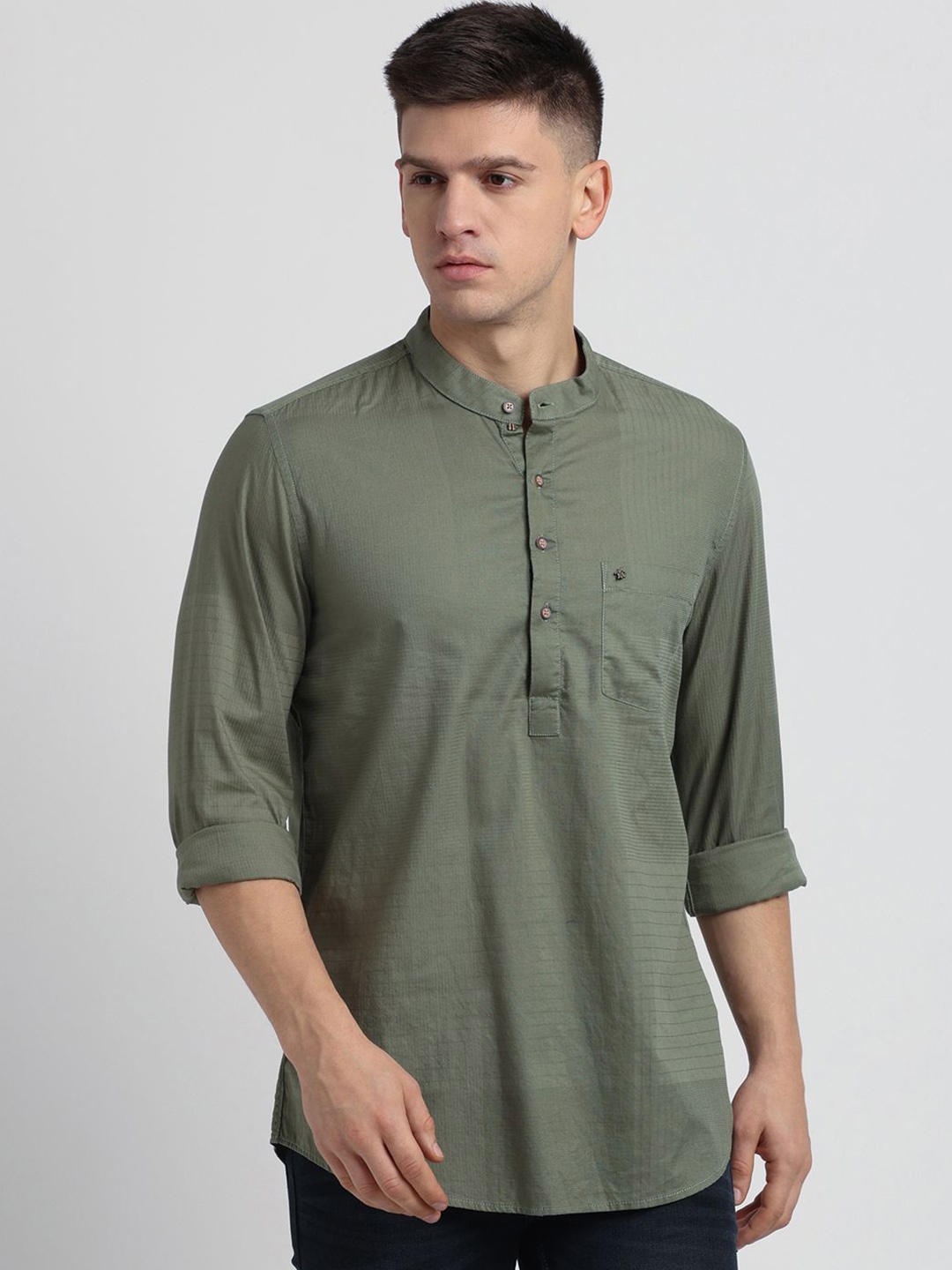 

Turtle Men Relaxed Fit Band Collar Textured Cotton Casual Shirt, Green