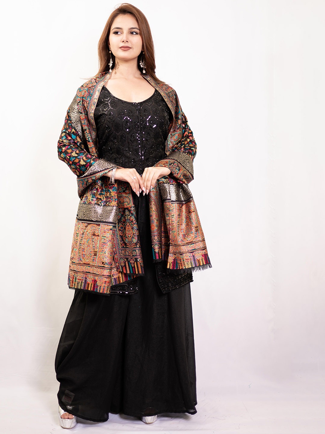 

PASHGIRI Floral Woven Design Silk Shawl, Black