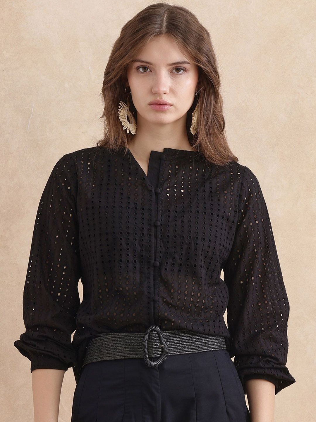 

RAREISM Bishop Sleeves Cotton Top, Black