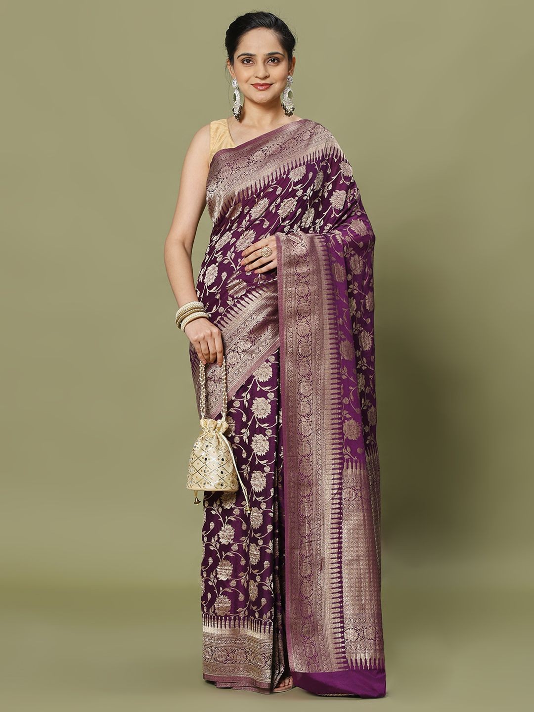 

Meena Bazaar Floral Woven Design Saree With Blouse Piece, Purple
