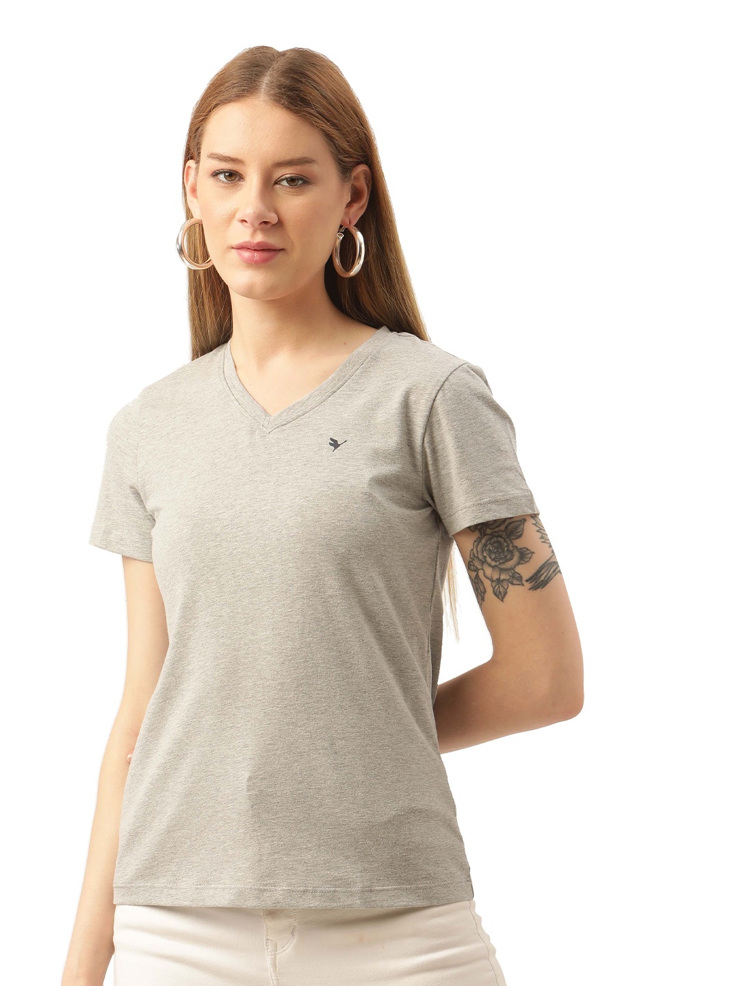 

AMSWAN Women Cotton Smart Fit Half Sleeve V-Neck T-Shirts, Grey