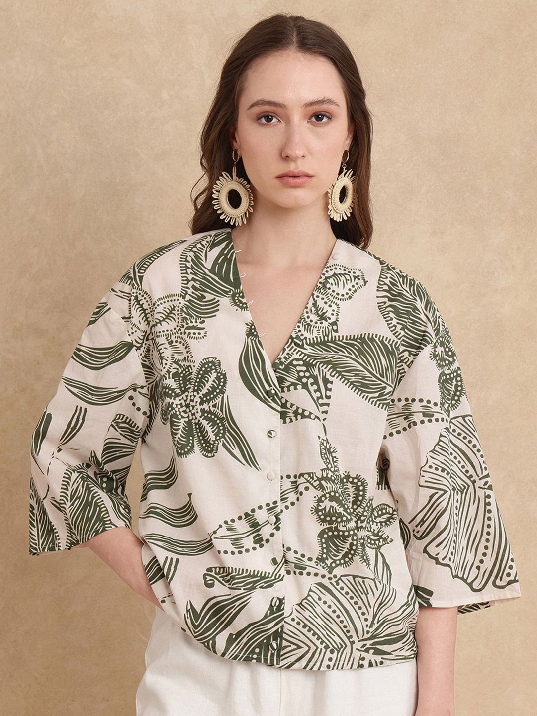

RAREISM Floral Print Cotton Top, Beige