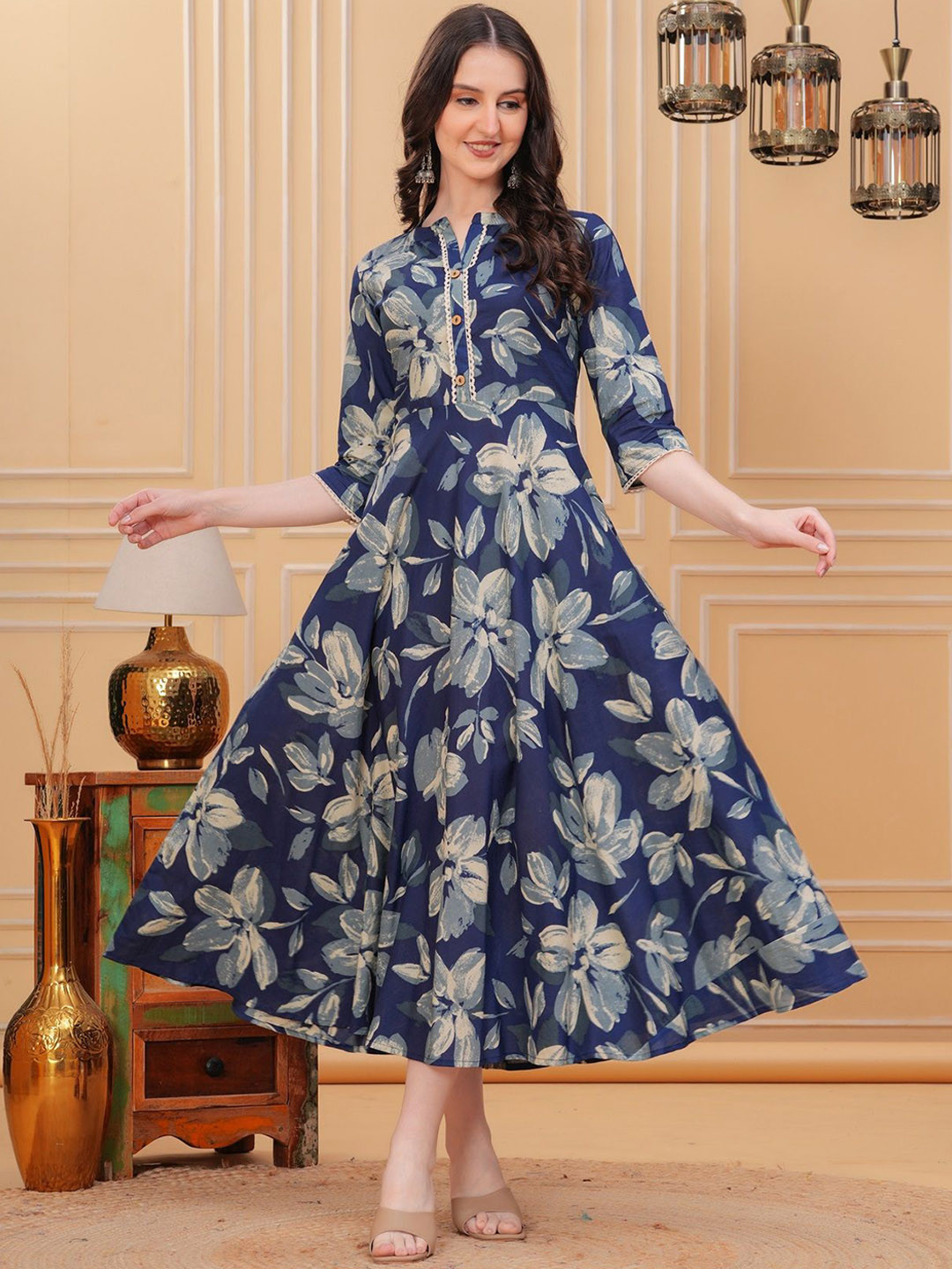 

KIRNYA Floral Printed Zari Mandarin Collar Cotton Anarkali Ethnic Dress, Blue