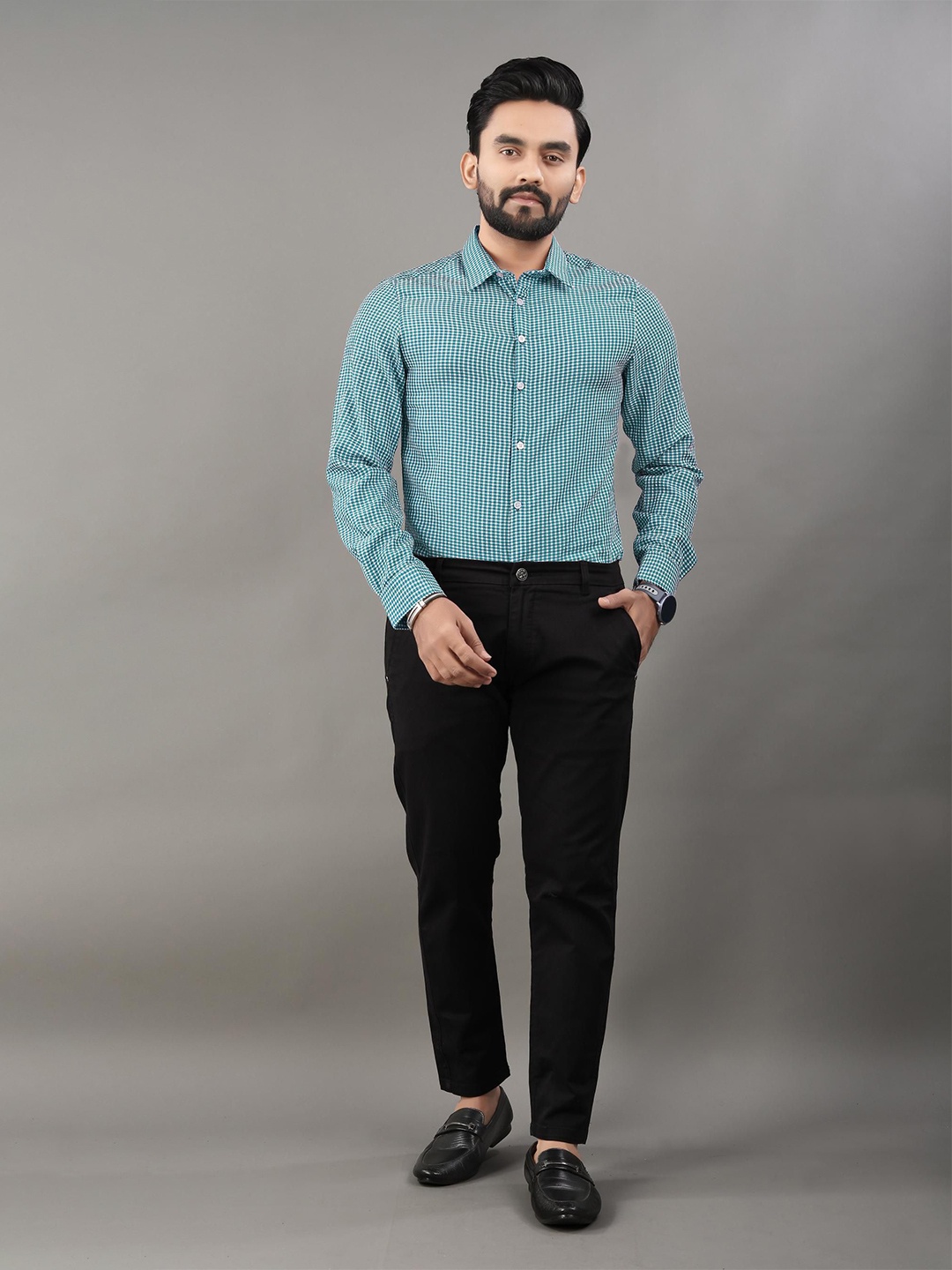 

TERAXO Men Premium Slim Fit Spread Collar Micro Checked Formal Shirt, Sea green