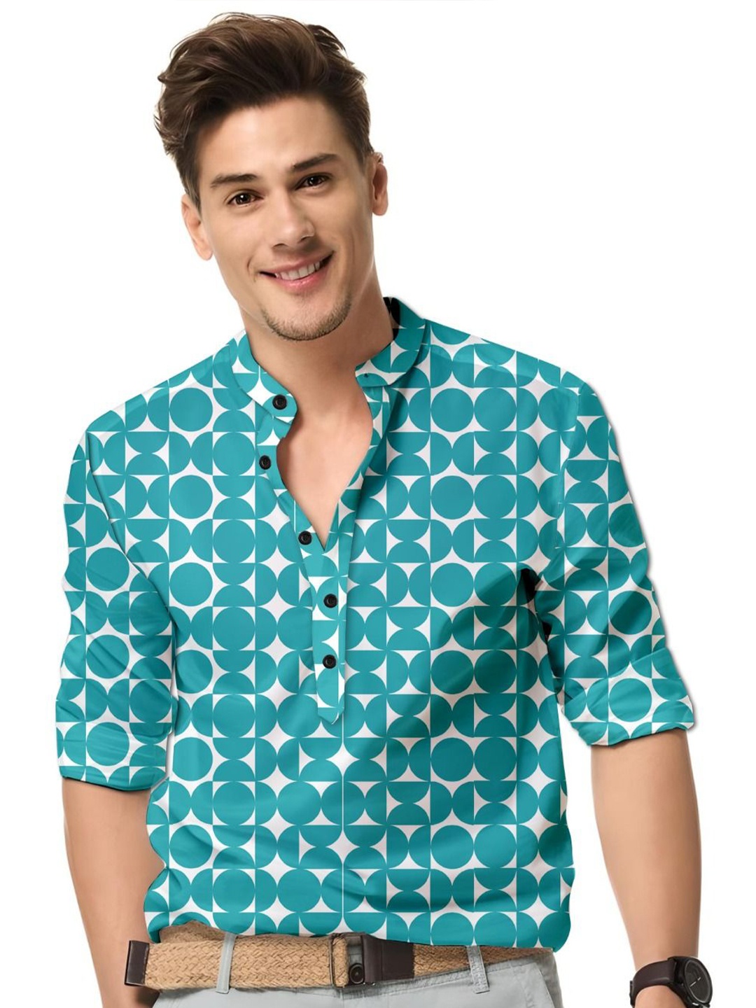 

ISUEL FAB Men Geometric Printed India Slim Fit Casual Shirt, Teal