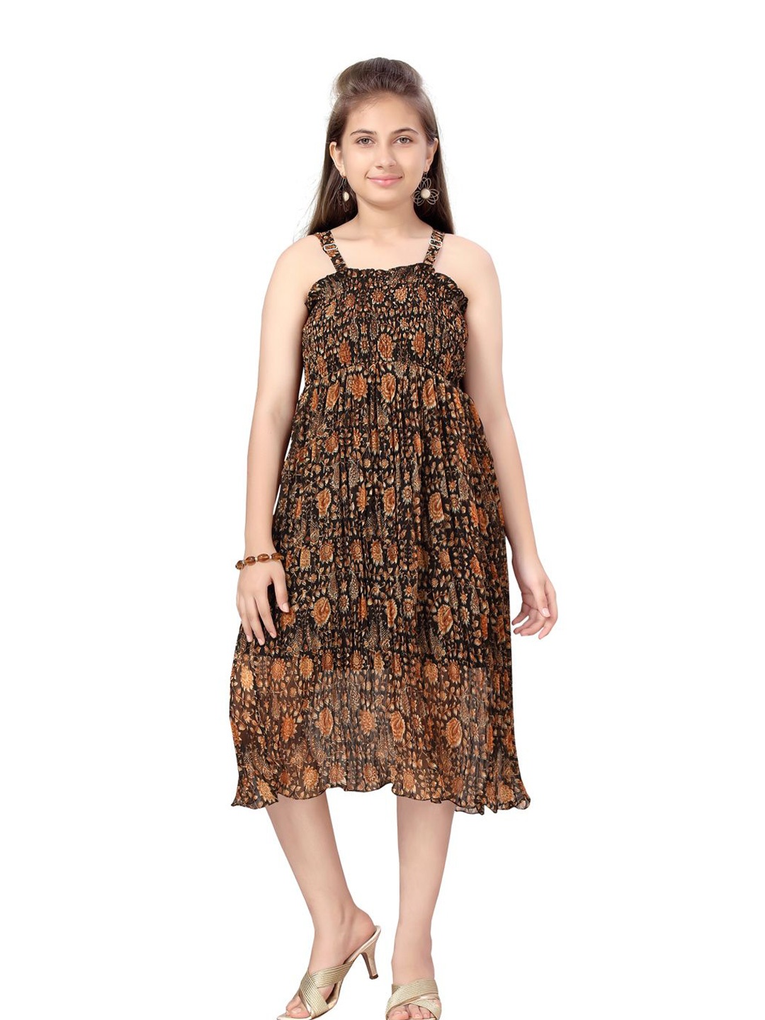 

YK Girls Floral Print Fit & Flare Midi Dress, Black