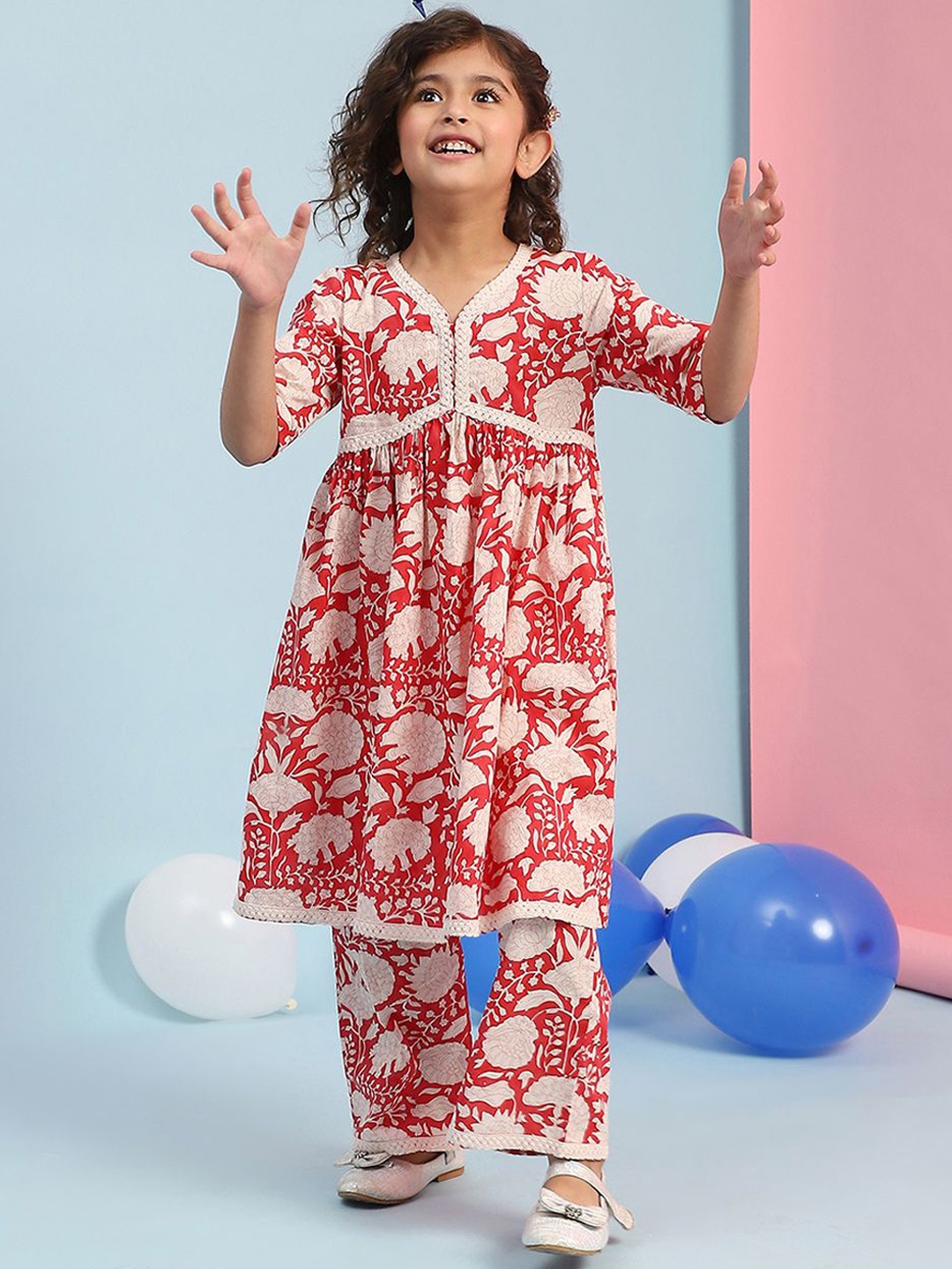 

Biba Girls Floral Printed Pure Cotton A-Line Kurta with Trousers, Red