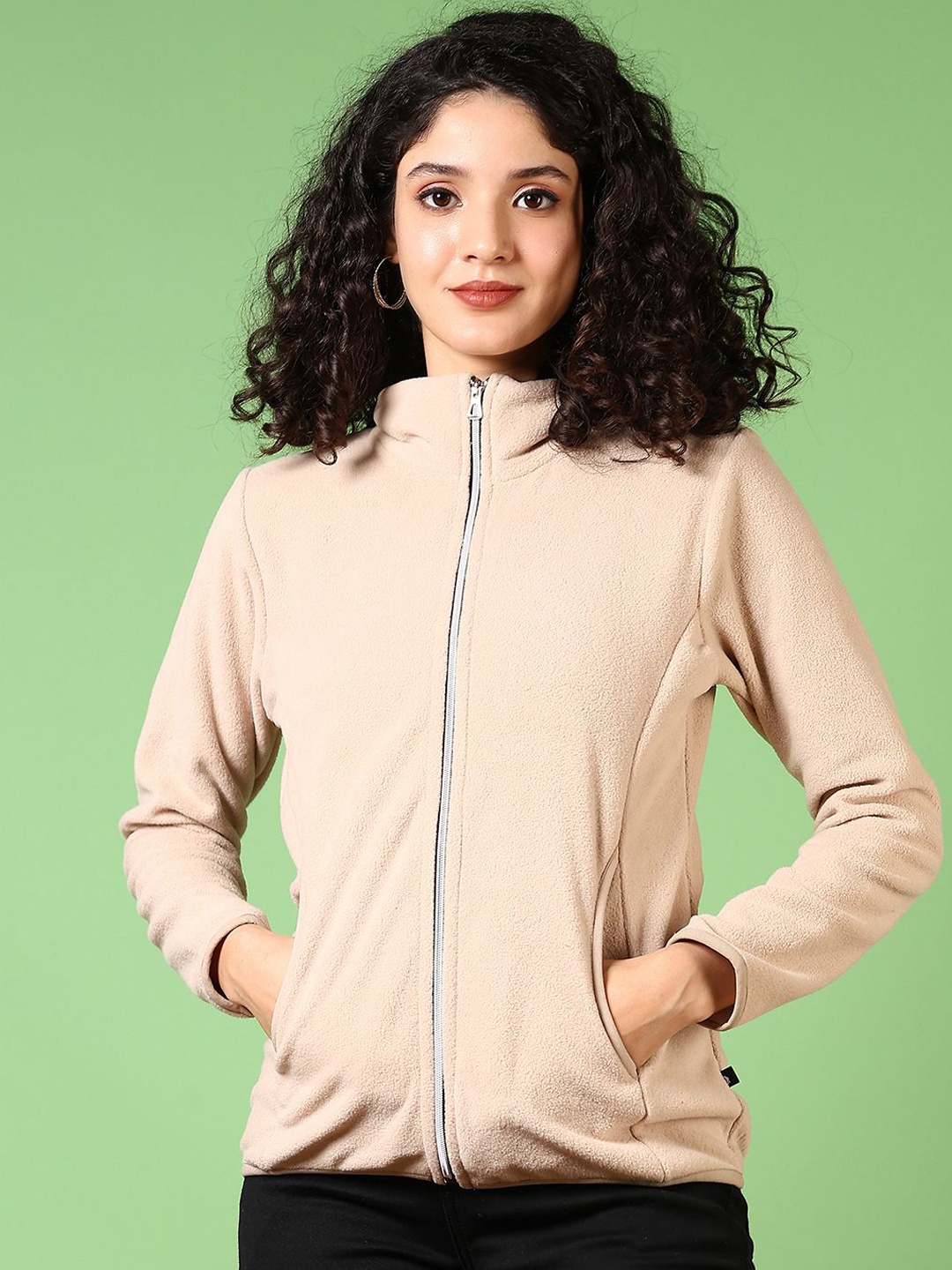 

V-Mart Women Mock Collar Solid Cotton Casual Bomber Jacket, Beige