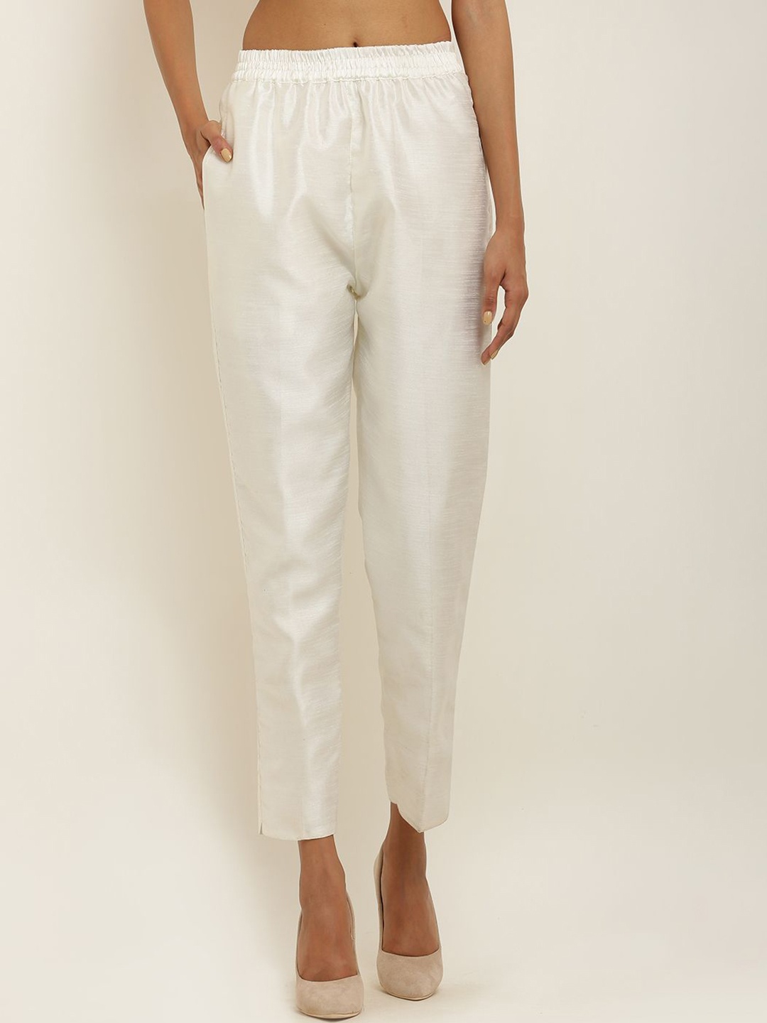 

FLOREOS Women Comfort Regular Fit Mid-Rise Trousers, Off white
