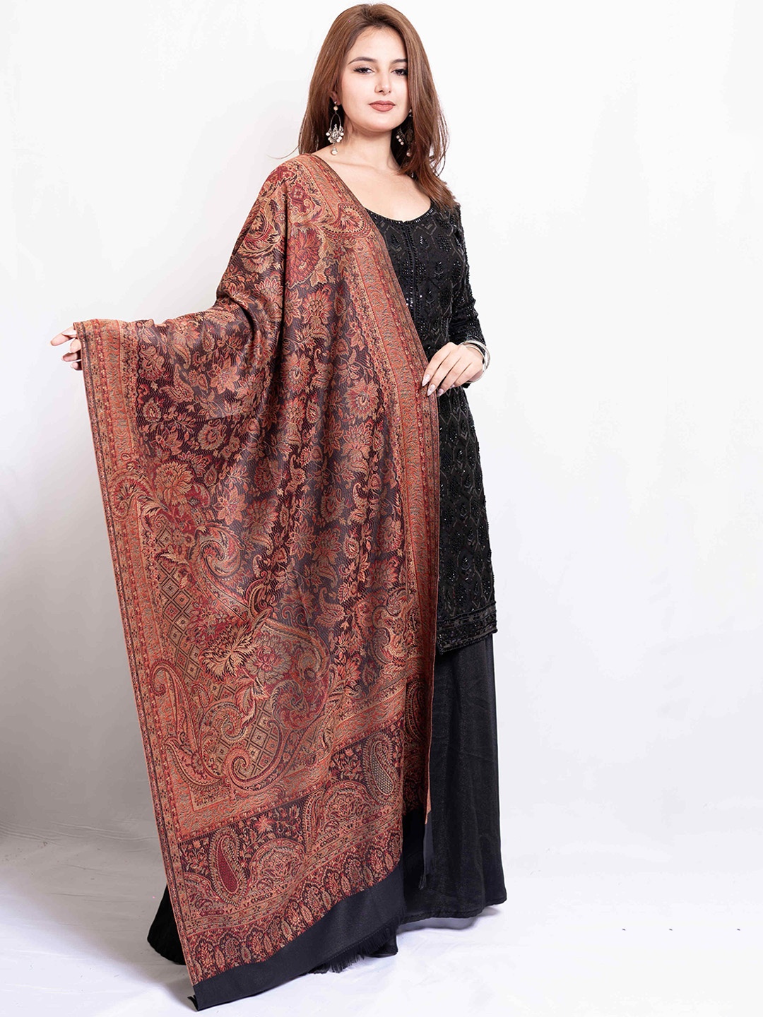 

PASHGIRI Ethnic Motifs Woven Design Ethnic Motifs Pure Woollen Shawl, Brown