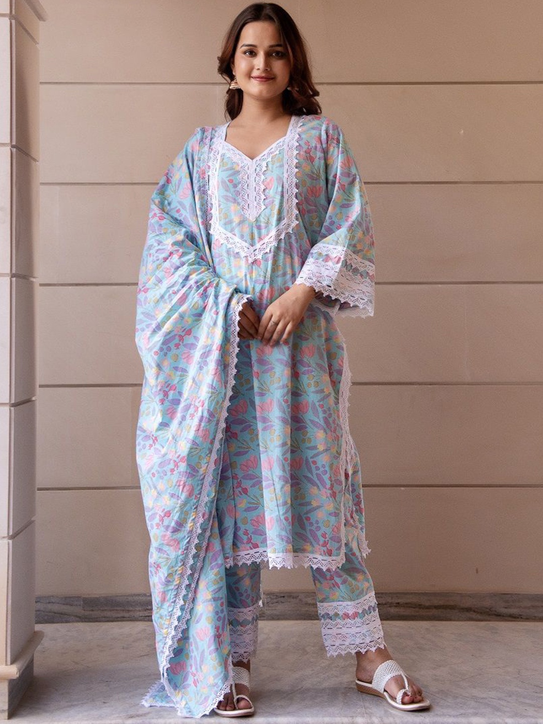 

Pomcha Floral Printed Pure Cotton Straight Kurta with Trousers & Dupatta, Blue