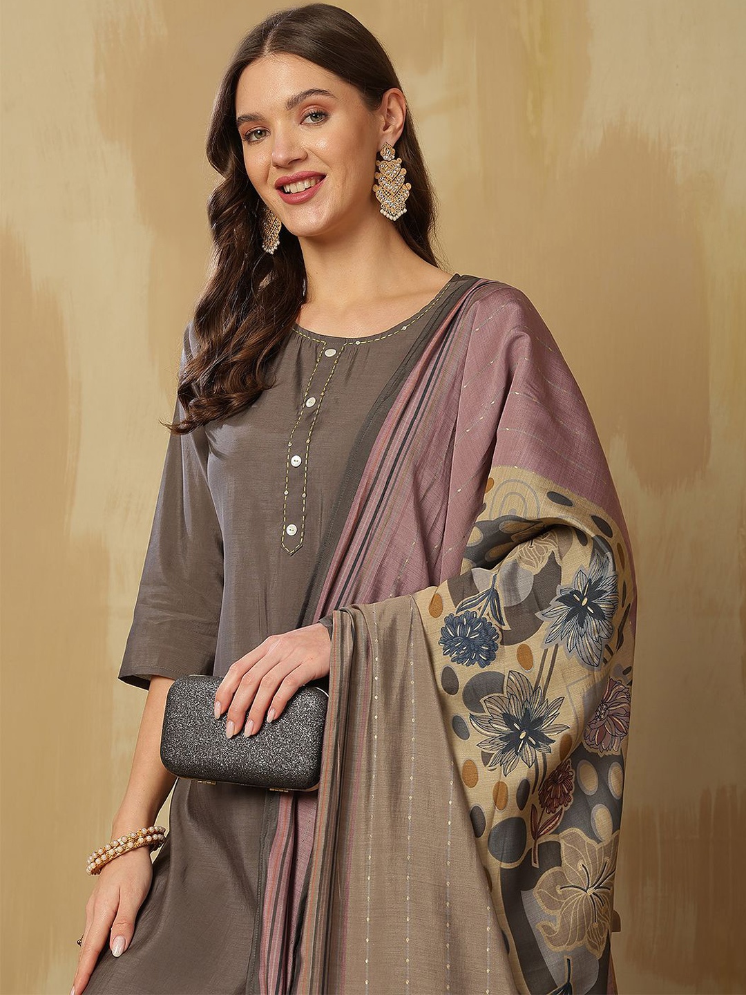 

Anouk Women Dyed Regular Pure Silk Kurta with Trousers & With Dupatta, Grey