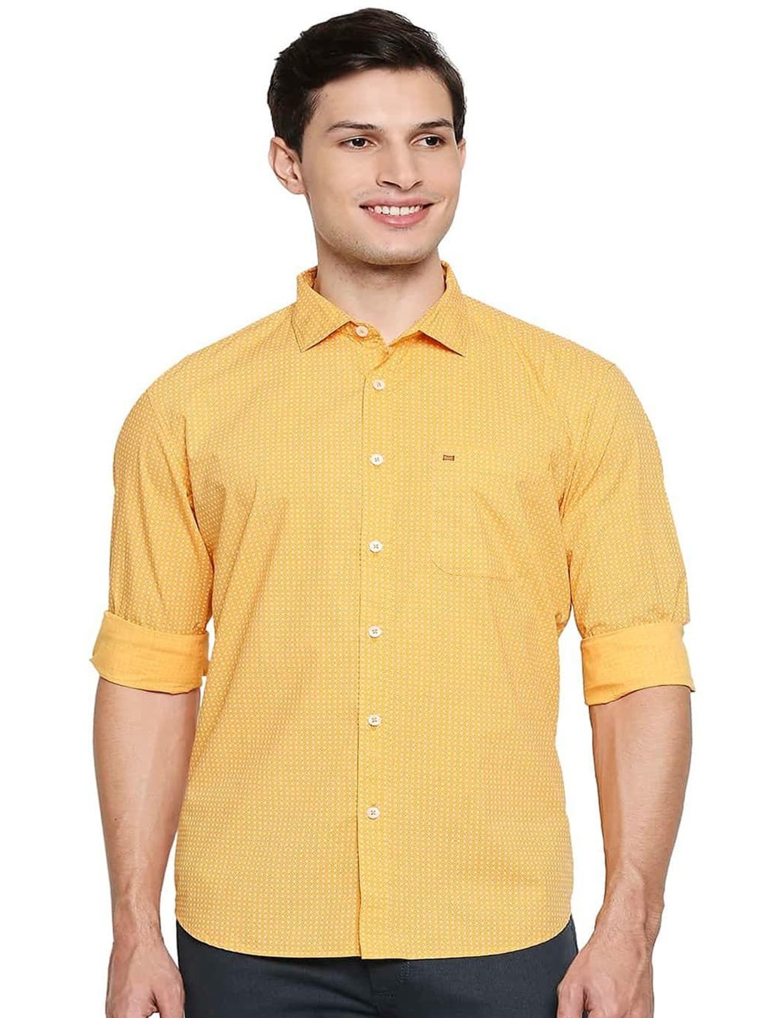 

Basics Men Slim Fit Spread Collar Geometric Printed Cotton Casual Shirt, Orange