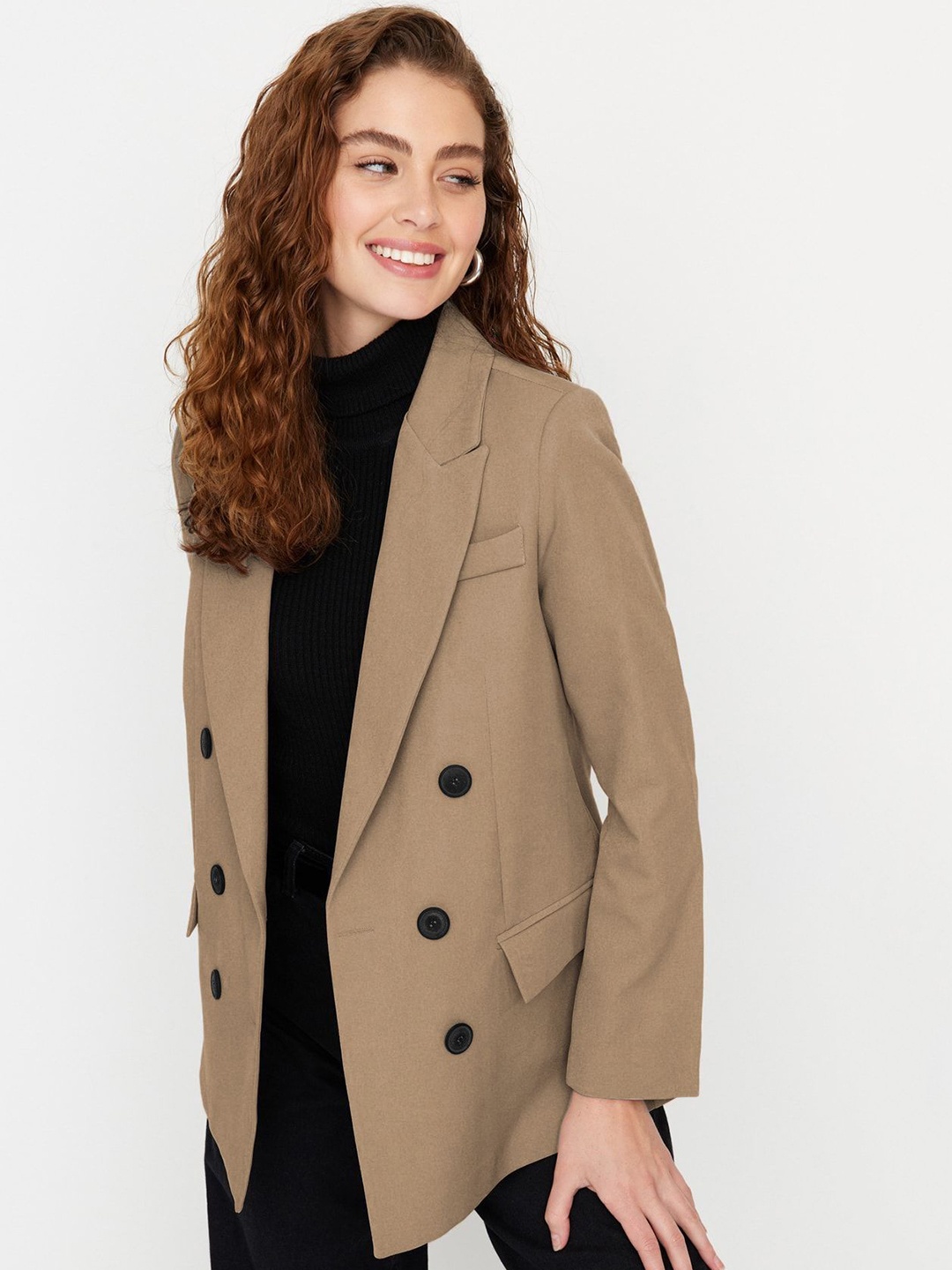 

Trendyol Women Lapel Collar Solid Casual Tailored Jacket, Taupe