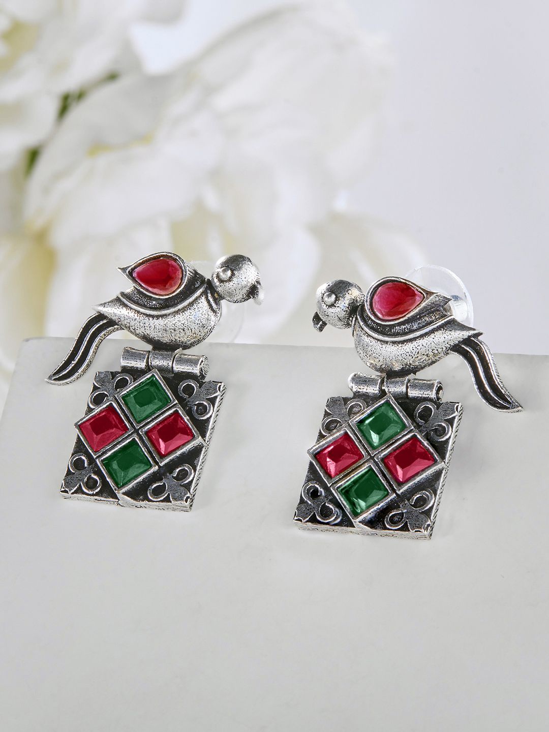 

Priyaasi Silver Plated Crystal Stone Studded Oxidized Contemporary Drop Earrings