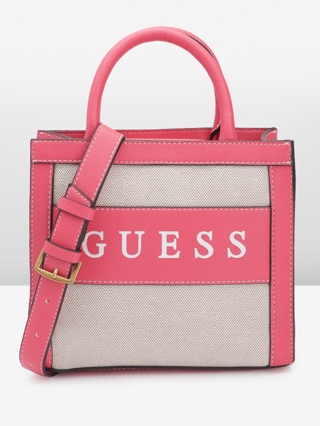 

GUESS Brand Logo Printed Structured Handheld Bag, Pink