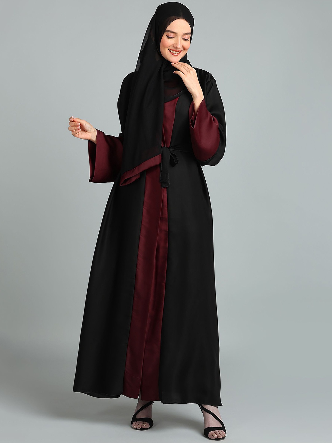 

BROKE BRAND V Neck Kimono Shrug Abaya, Maroon