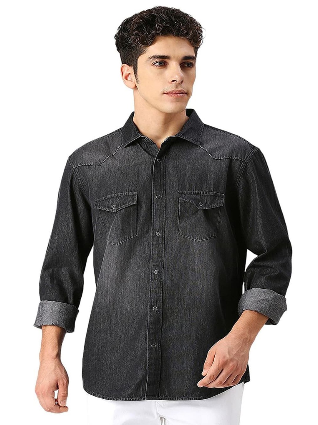 

Basics Men Slim Fit Spread Collar Faded Cotton Casual Shirt, Black