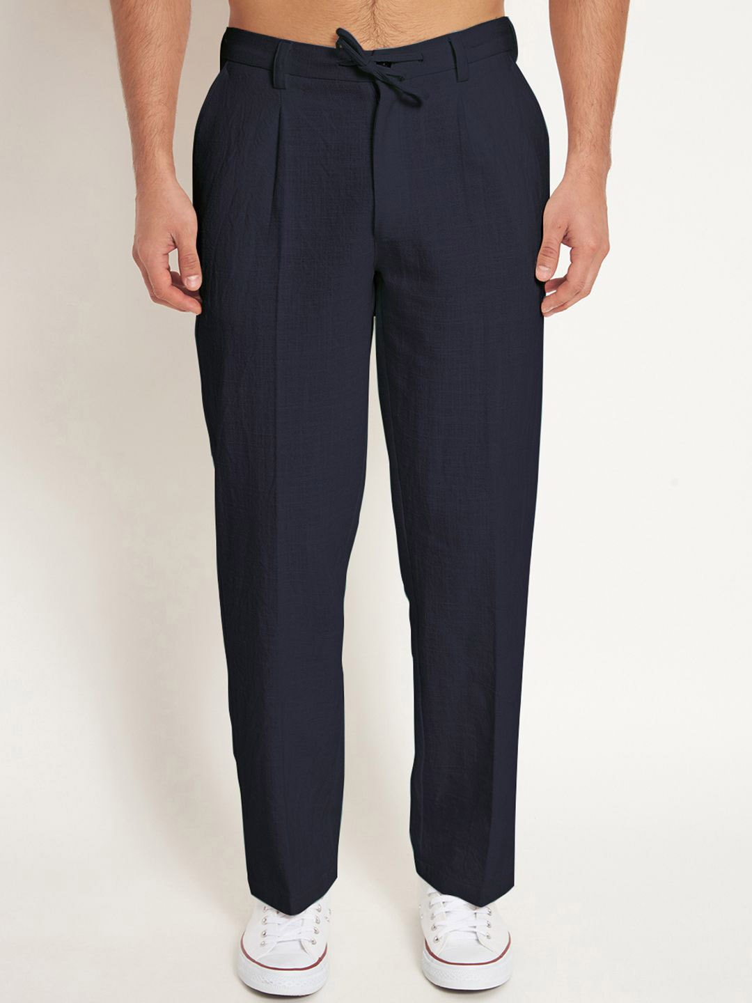 

Thevasa Men Relaxed Pleated Cotton Regular Trousers, Blue