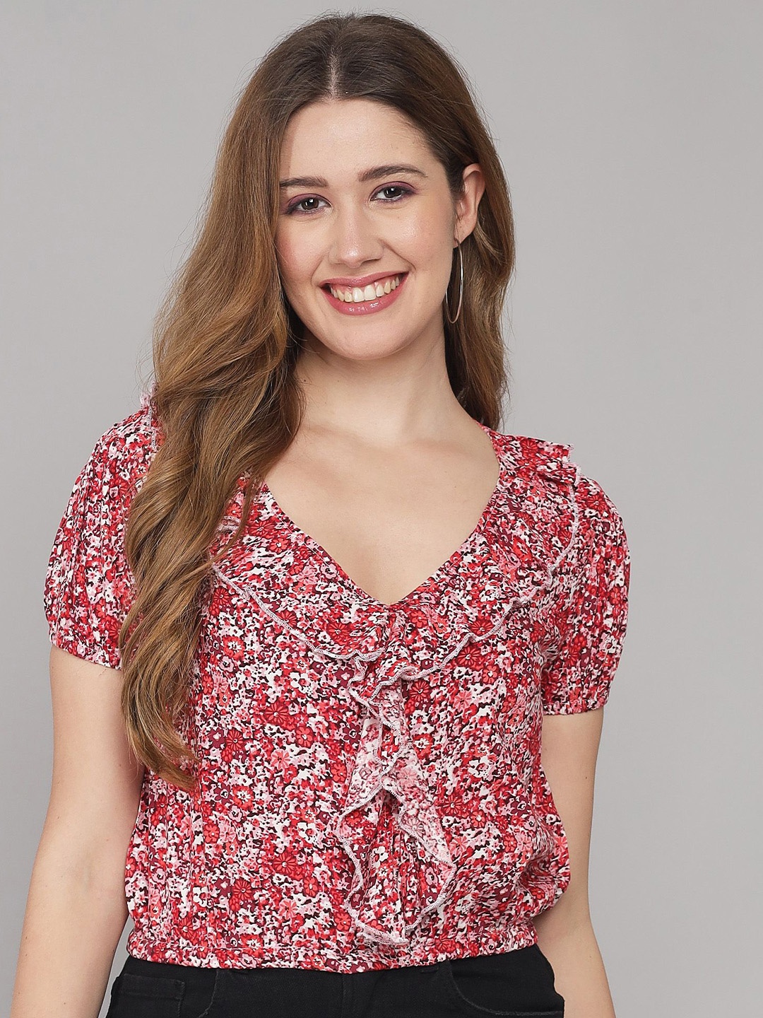 

ADDYVERO Print Blouson Crop Top, Red