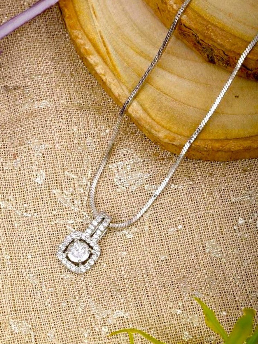 

AKLINA Rhodium-Plated Square Shaped CZ-studded Pendant with Chain, Silver