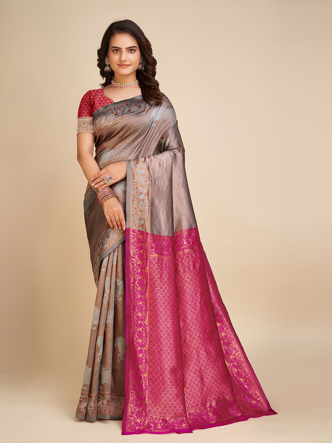 

bigben textile Woven Design Zari Silk Blend Banarasi Saree, Brown