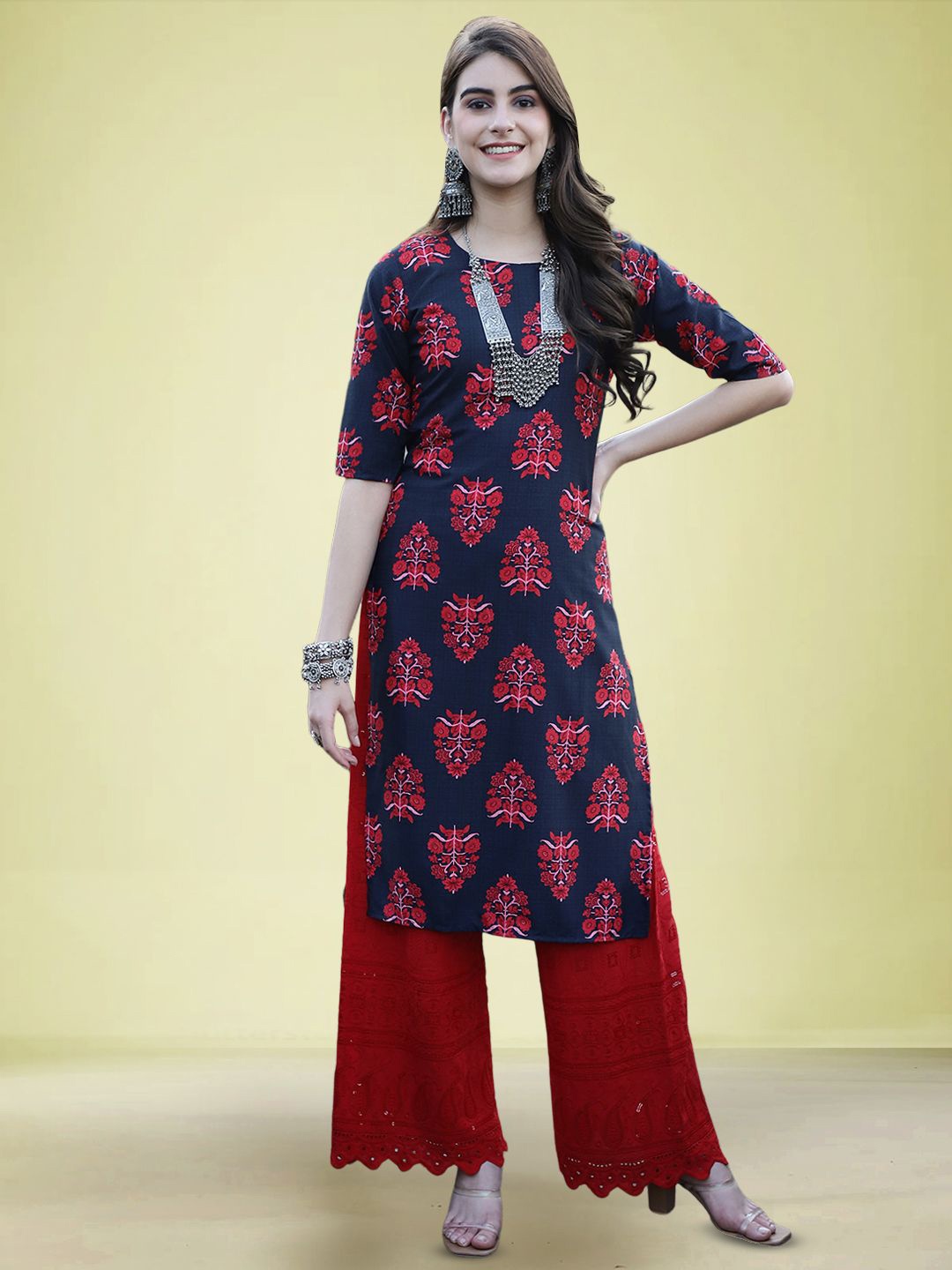 

Moda Rapido Floral Printed Straight Kurta, Navy blue