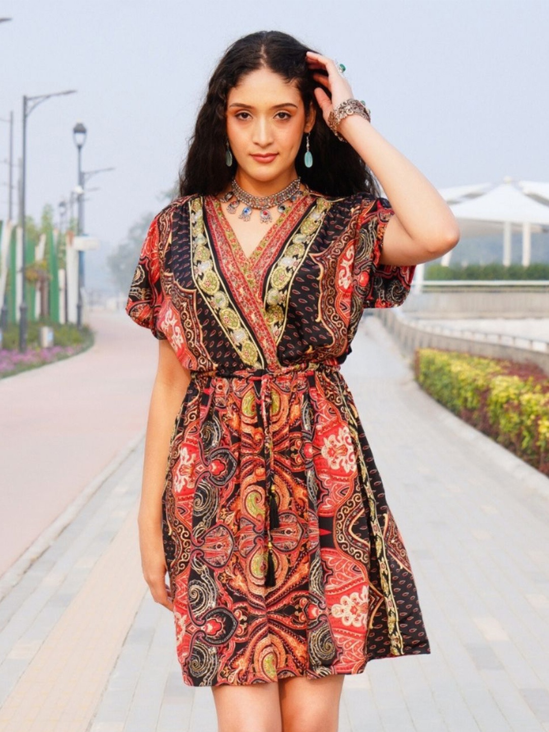 

Boholyfe Bohemian Print Flared Sleeve A-Line Dress, Red