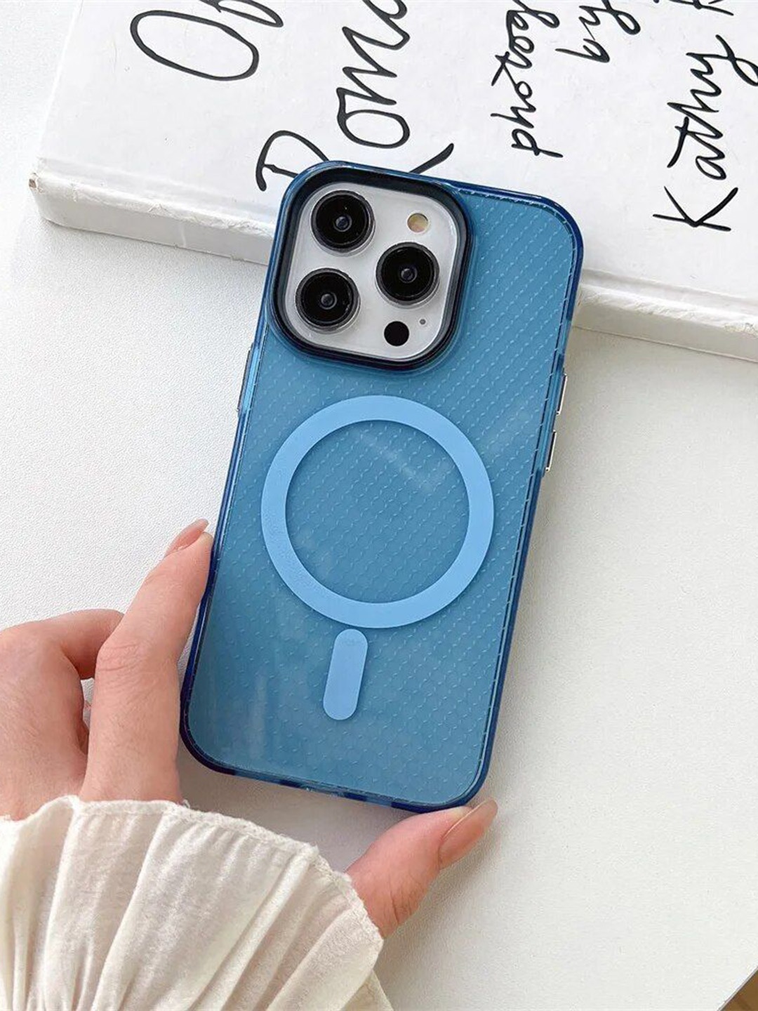 

Luxury Kase LK085 Beehive Magnetic Mag-Safe Wireless Charging iPhone 14 Pro Back Case, Blue