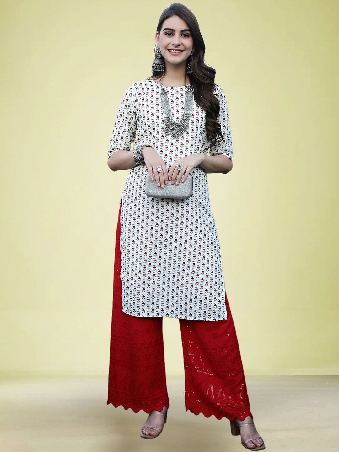 

Moda Rapido Floral Printed Round Neck Straight Kurta, White