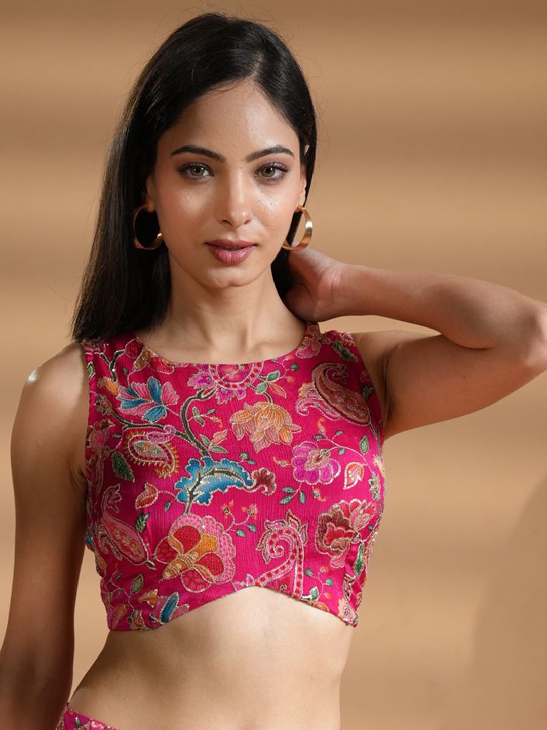 

HANDME Floral Embroidered Pure Silk Blouson Crop Top, Pink
