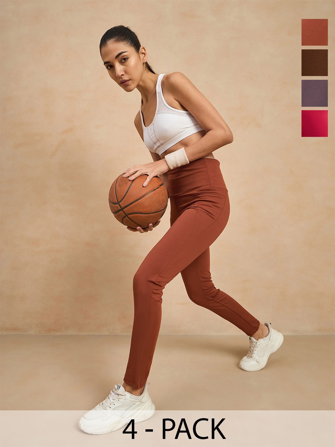 

COLOR CAPITAL Women Pack of 4 Skin Fit Antimicrobial Sports Tights, Coffee brown