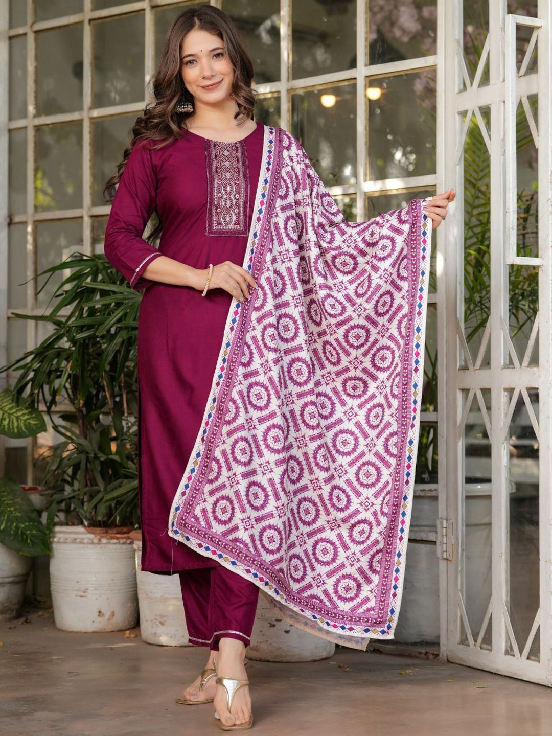 

KALINI Geometric Embroidered Straight Round-Neck Kurta With Trouser & Dupatta, Purple