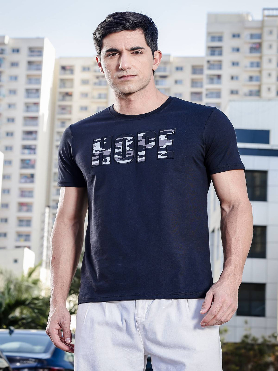 

ONE SKY Men Typography Printed Applique Pure Cotton Casual T-shirt, Navy blue