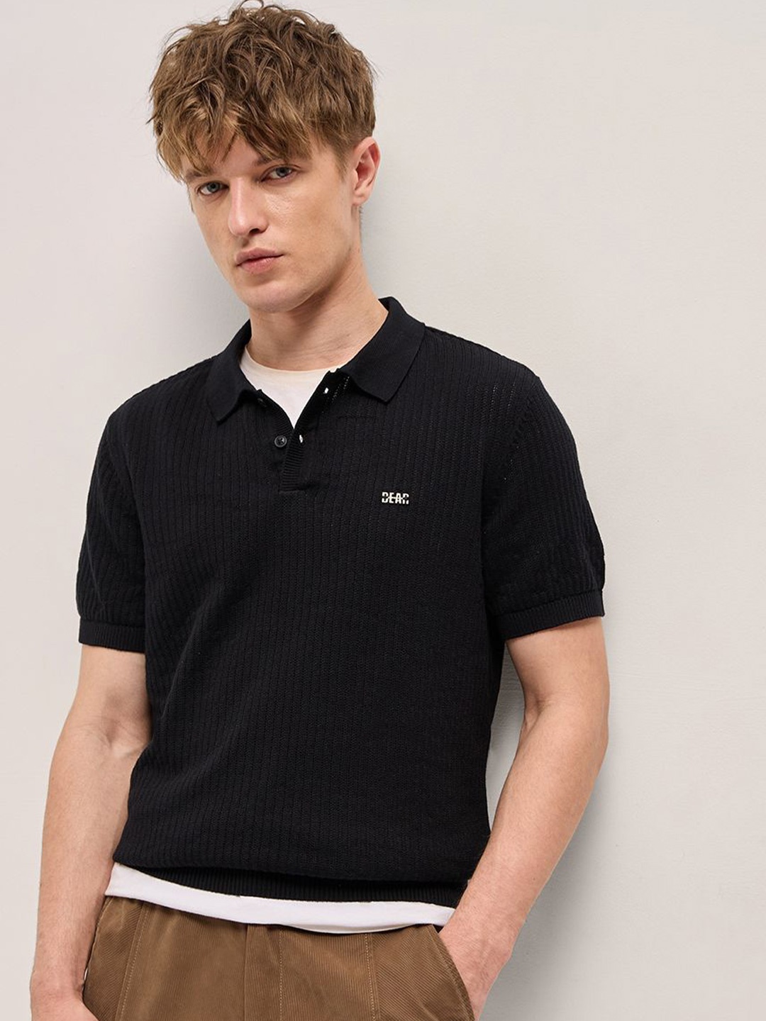 

THE BEAR HOUSE Men Self Design Polo Collar Cotton Slim Fit T-shirt, Black