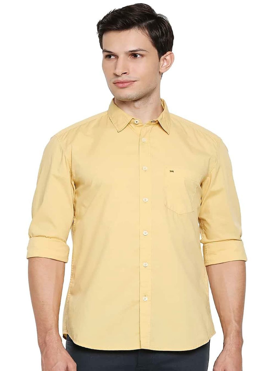 

Basics Men Slim Fit Spread Collar Solid Cotton Casual Shirt, Yellow