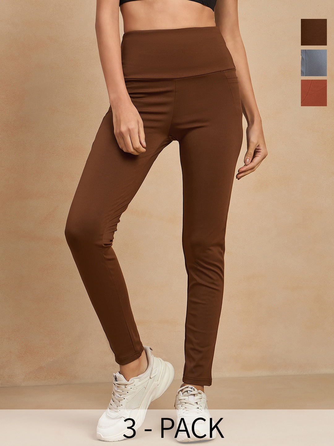

COLOR CAPITAL Women Pack of 3 Antimicrobial Ankle Length Tights, Brown