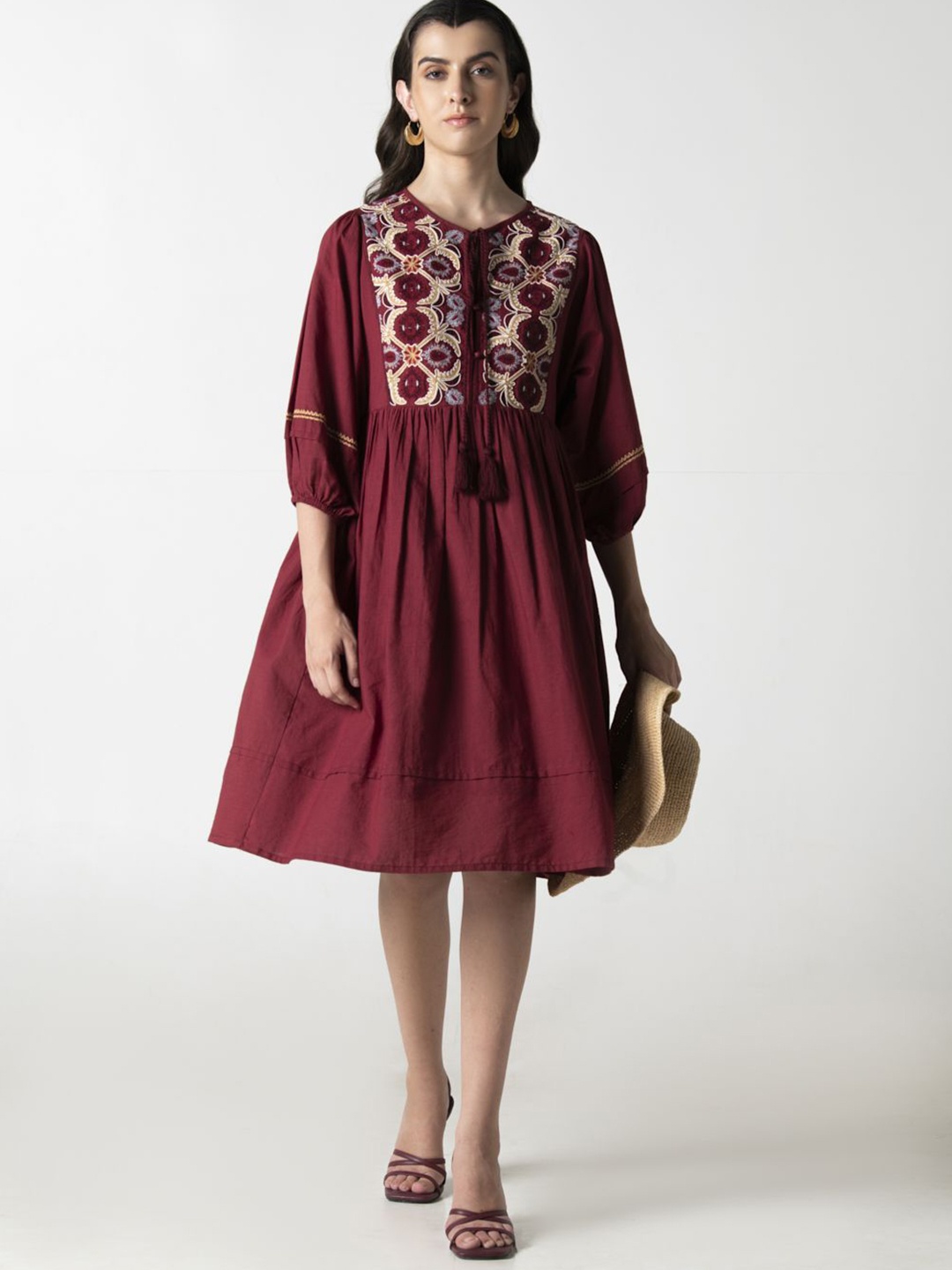 

STIL O STITCH Women Cotton Floral Embroidered Fit and Flare Dress, Maroon