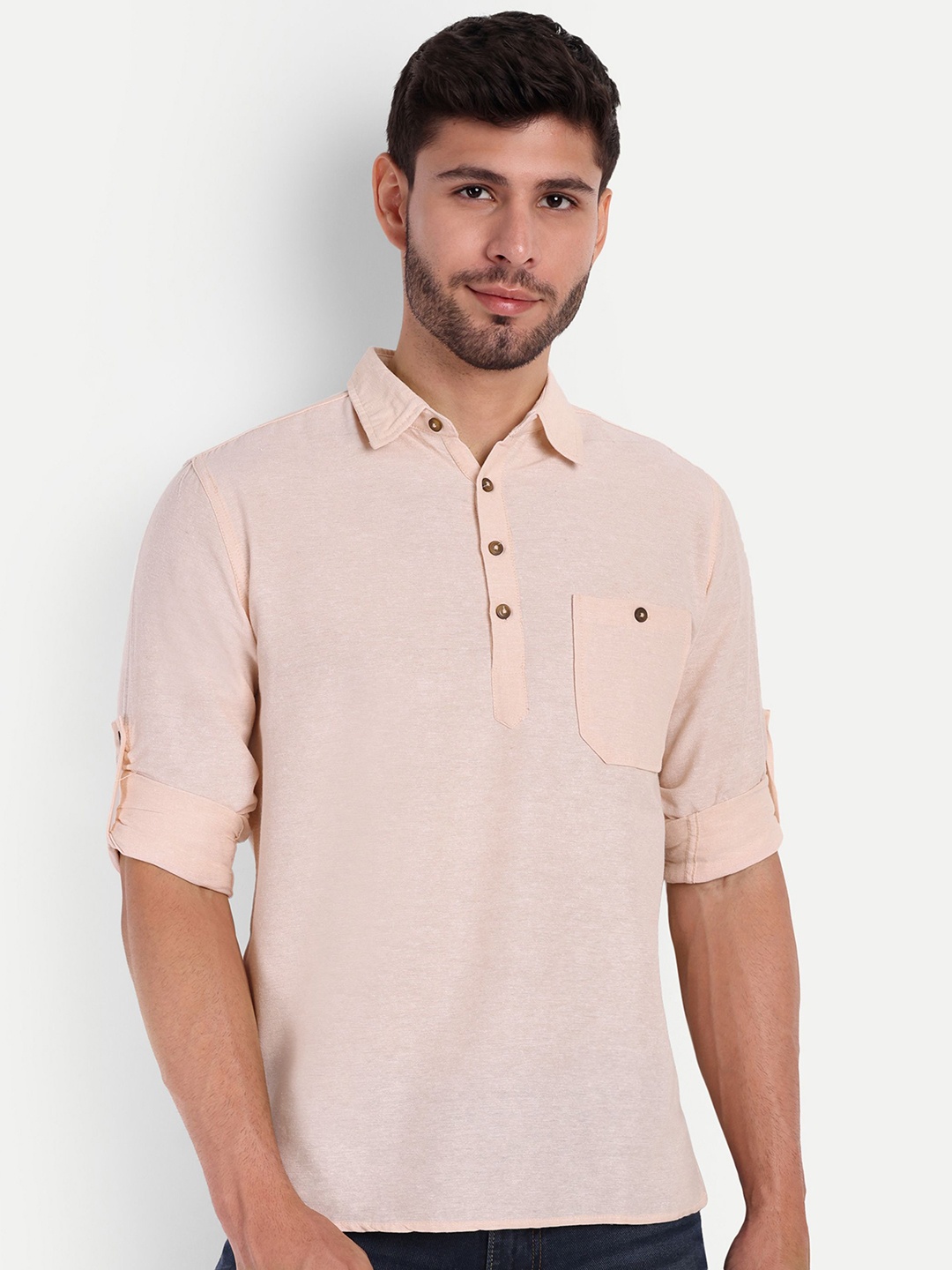 

LIFE ROADS Shirt Collar Roll-Up Sleeves Cotton Straight Short Kurta, Beige
