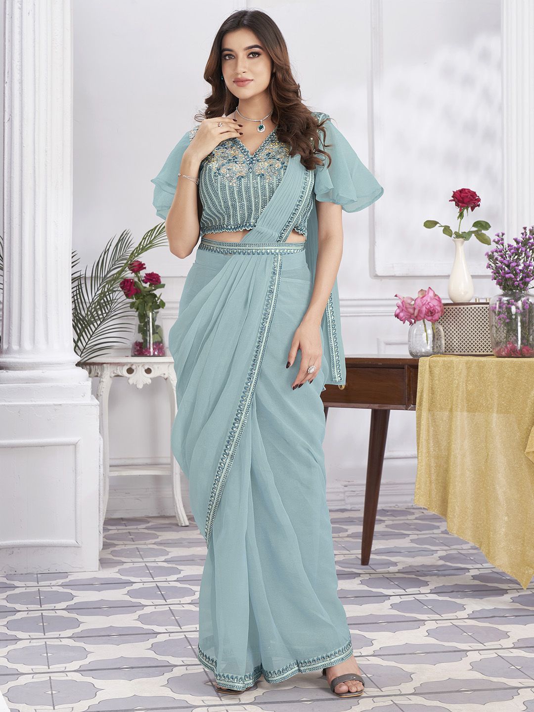 

Krimmple Sequinned Pure Georgette Ready to Wear, Blue